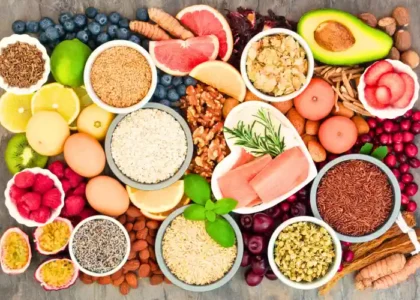 A top-down view of a wooden table with chamomile tea, salmon, yogurt, berries, and leafy greens arranged beautifully as calming foods for anxiety relief.